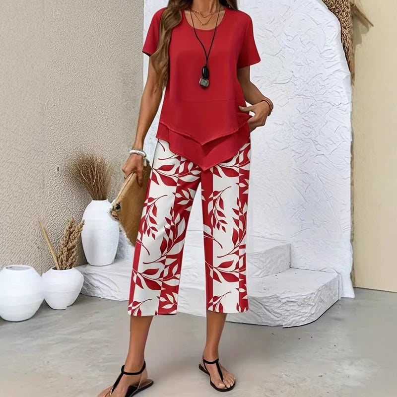 🌸Summer Hot Sale 55% OFF💖Casual Round Neck Layered Tunic Top & Wide Leg Pants Set👚👖