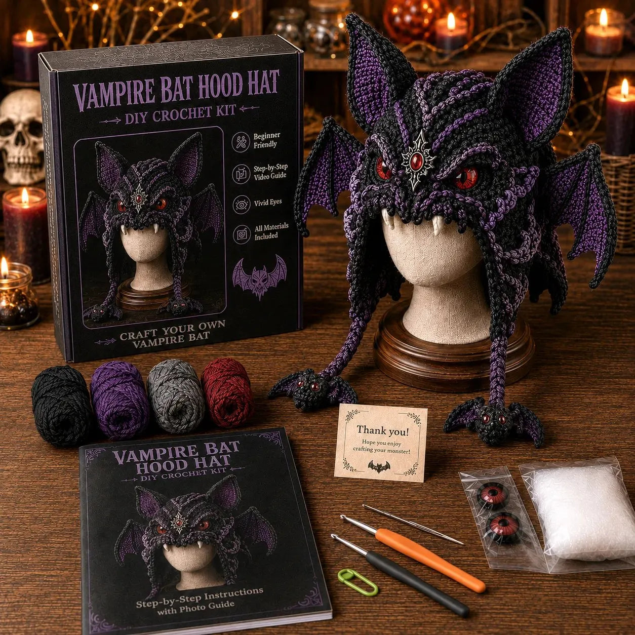 🔥 LAST DAY 49% OFF – 🎃 Halloween Monster Hood DIY Crochet Kit | Premium Soft Yarn Materials with Step-by-Step Guide DIY Handmade Wearable Character Hood 🧶🎭✨