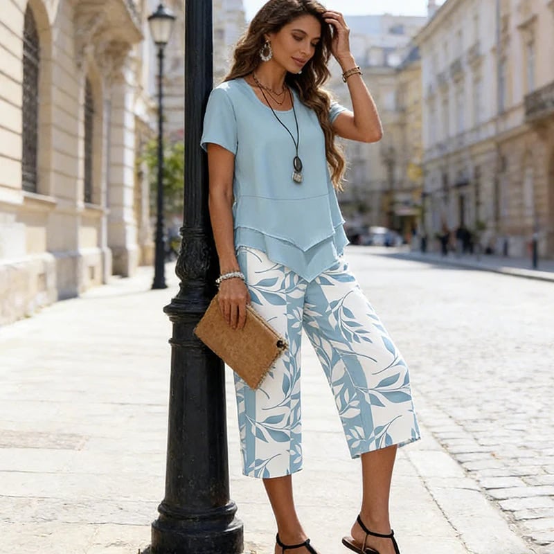 🌸Summer Hot Sale 55% OFF💖Casual Round Neck Layered Tunic Top & Wide Leg Pants Set👚👖