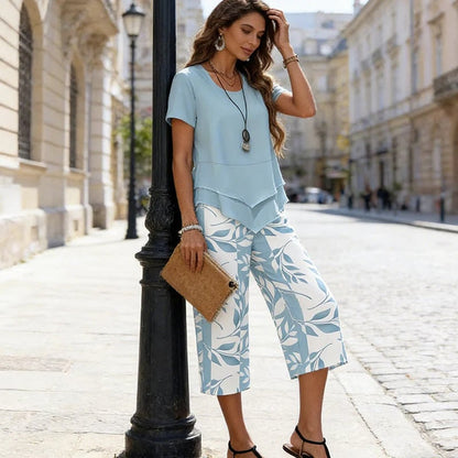 🌸Summer Hot Sale 55% OFF💖Casual Round Neck Layered Tunic Top & Wide Leg Pants Set👚👖