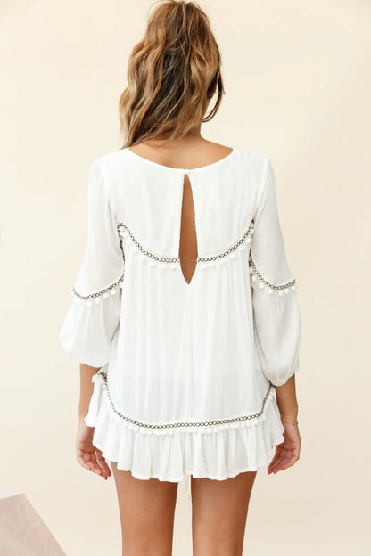 Marionette Three-Quarter Sleeve Pom-Pom Top White