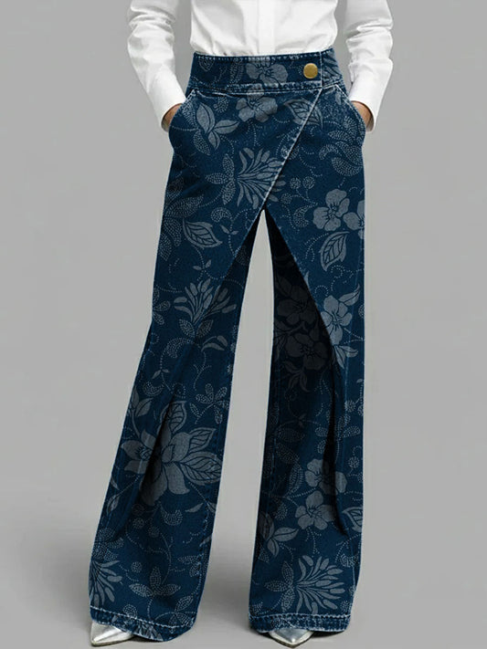 Women's Vintage-style Elegant Floral Decorative Patterns High-waisted Casual Loose-fitting Wide-leg Jeans