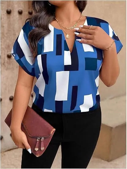 💥LAST DAY 49% OFF💥Women's Plus Size Color Block Shirt Blouse Short