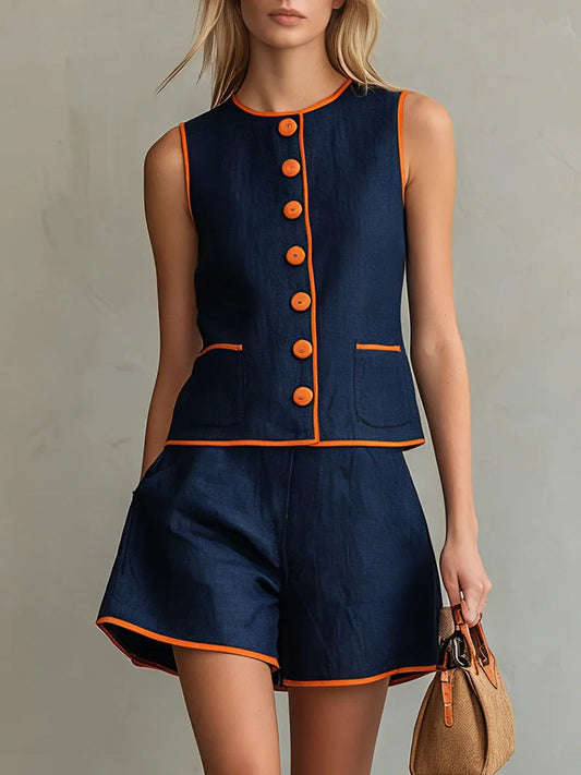 Casual Retro Color-blocked Blue Sleeveless Button-down Top And Shorts Set