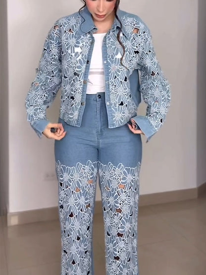 Casual Patchwork Embroidered Denim Shirt And Jeans Two-piece Set