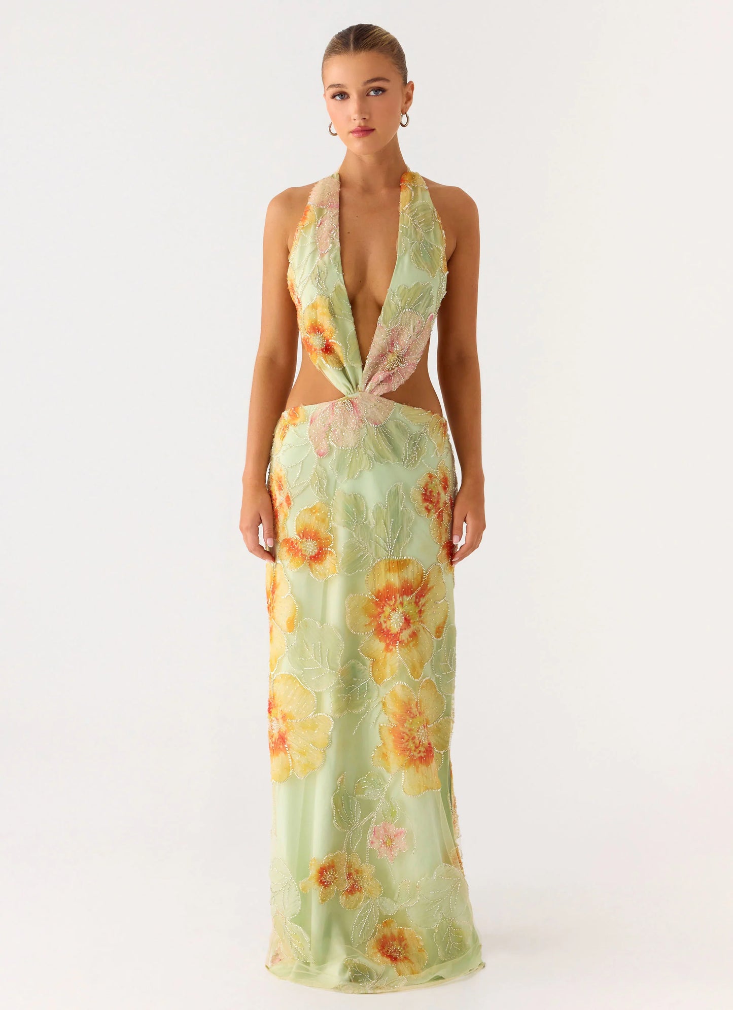 Really Something Beaded Maxi Dress - Green Floral Beaded