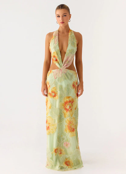 Really Something Beaded Maxi Dress - Green Floral Beaded