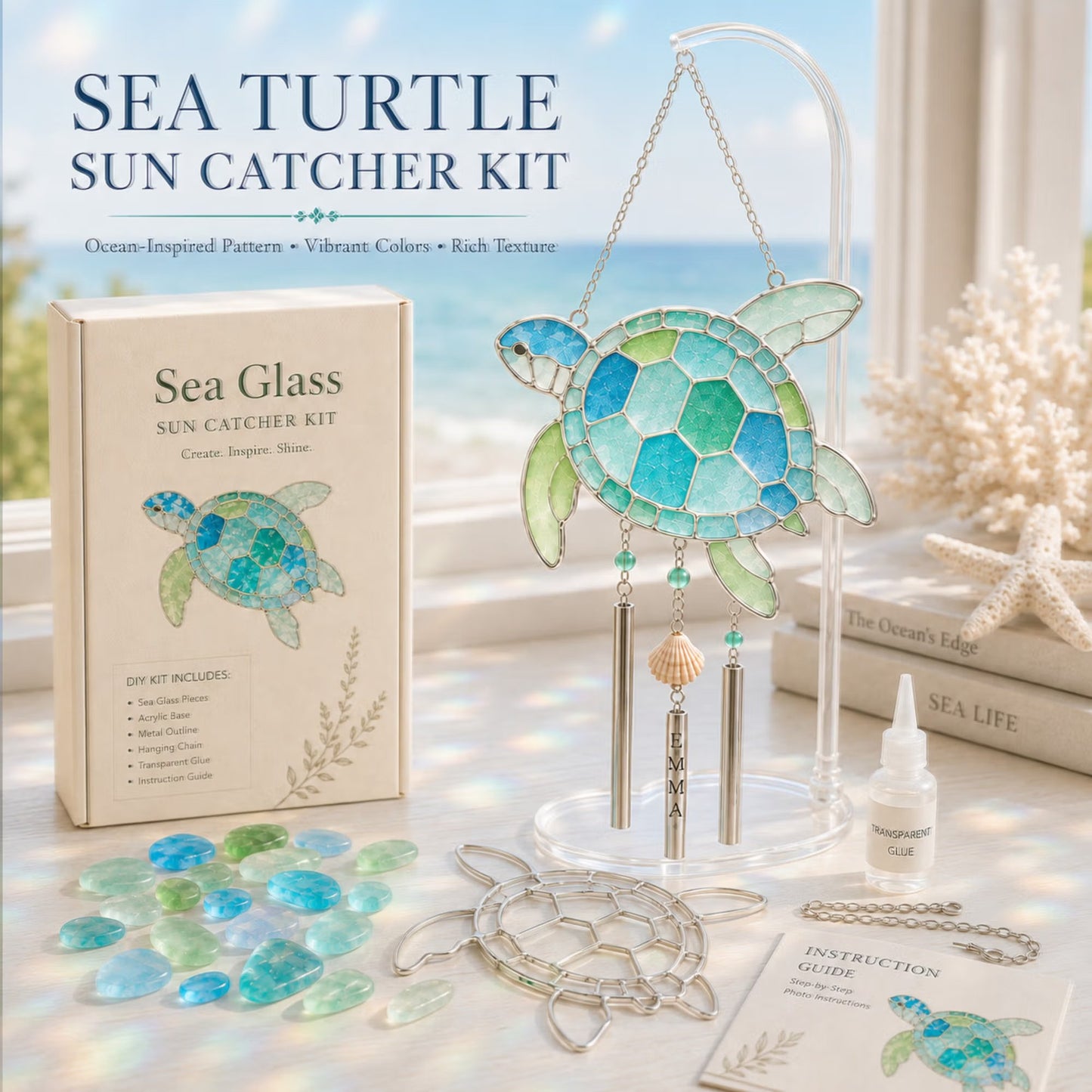 🔥Holiday Sale Now Open | 50% Discount🎉Personalized Coastal Glow Sea Glass Suncatcher Wind Chime Kit Collection with Text, Home Decor, Birthday Gift for Ocean Lovers
