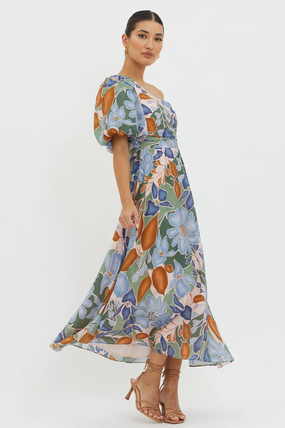 Jayni Puffed One Shoulder Midi Dress Blue