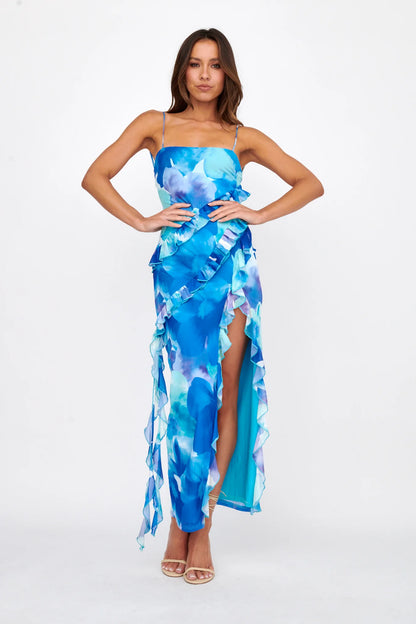 Crush On You Split Ruffle Midi Dress Blue