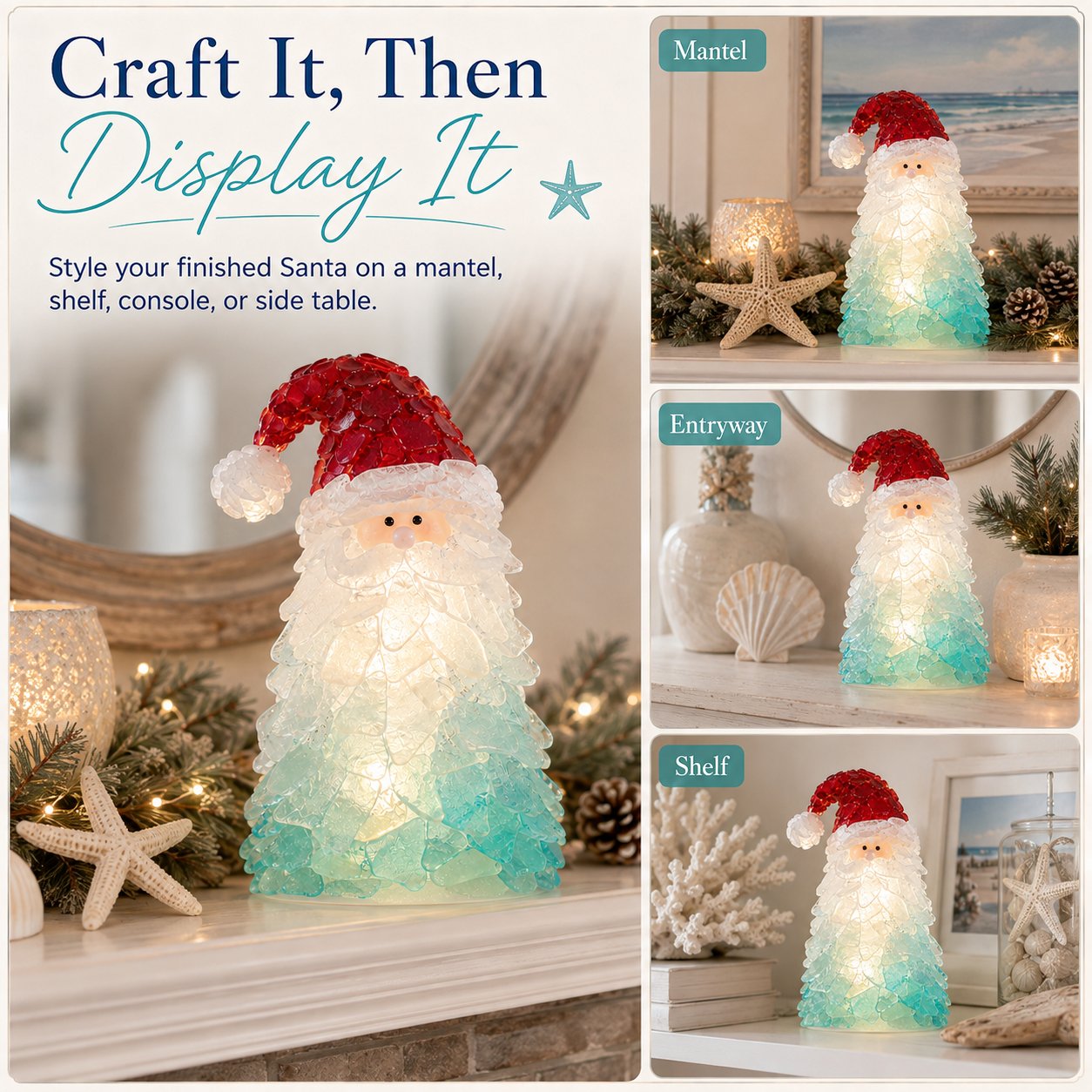 🎅DIY Lighted Sea Glass Santa Christmas Decor Kit | Complete Kit with Sea Glass Pieces, Warm Fairy Lights & Step-by-Step Guide Included 💕