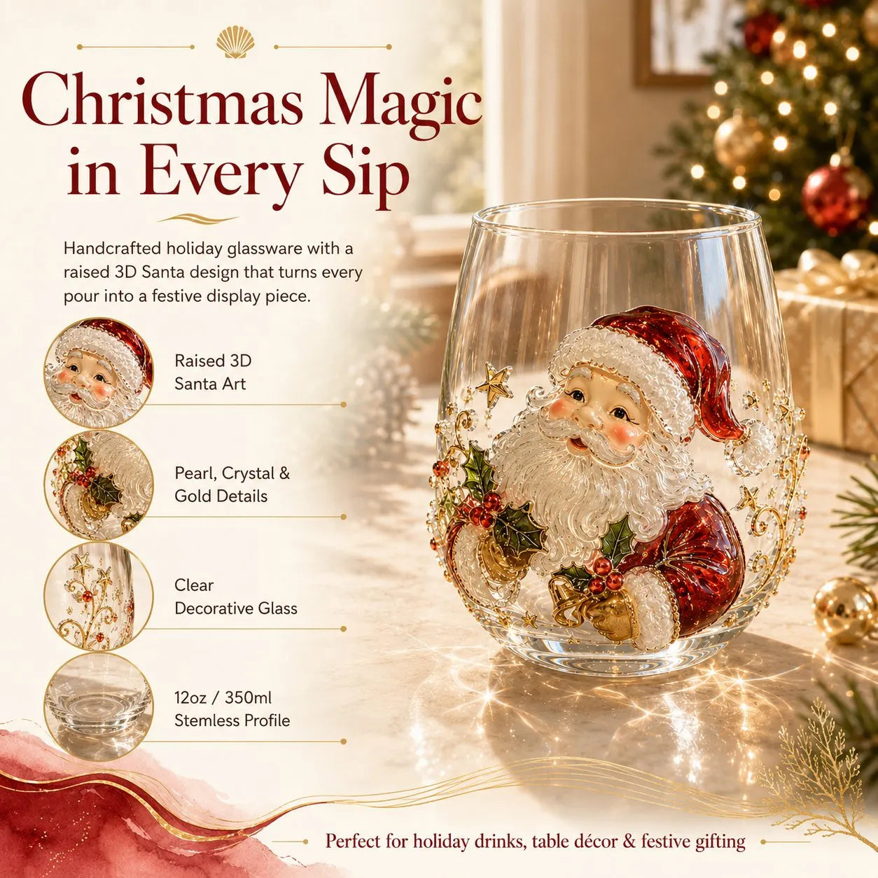 🎅🎄 3D Christmas Glass Art Cup | Luxury Raised Holiday Glassware for Drinks, Decor & Christmas Gifts 🎁