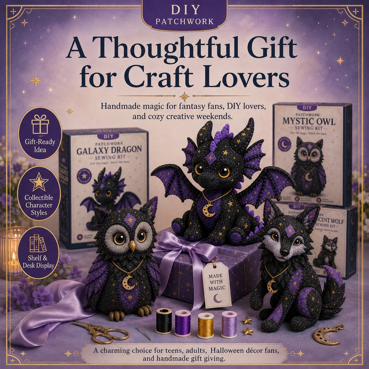 🐱Mystic Patchwork Animal Sewing Kit – DIY Plush Craft Kit with Starry Fabric, Moon Charm