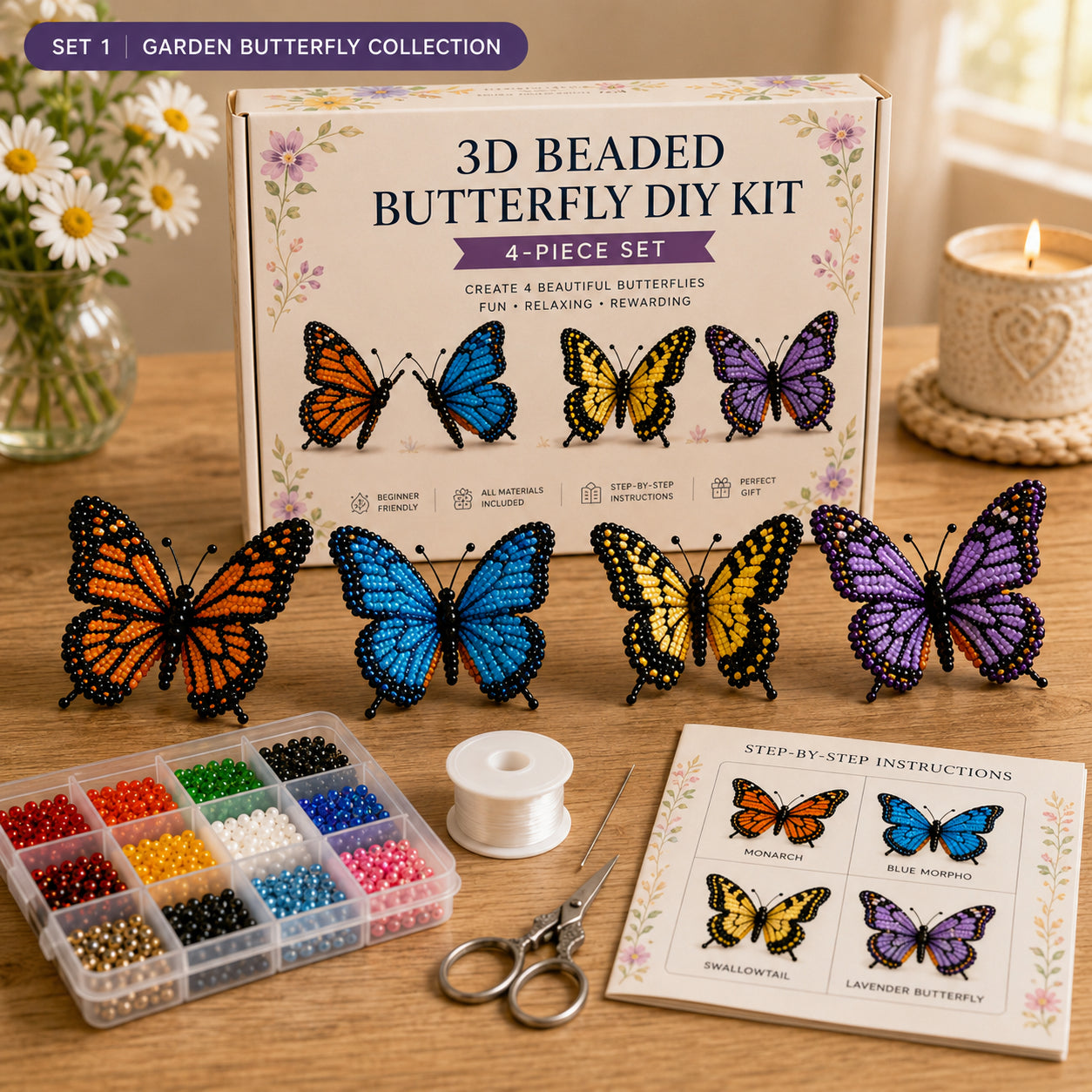 3D Beaded Butterfly DIY Kit – 4-Piece Butterfly Craft Set