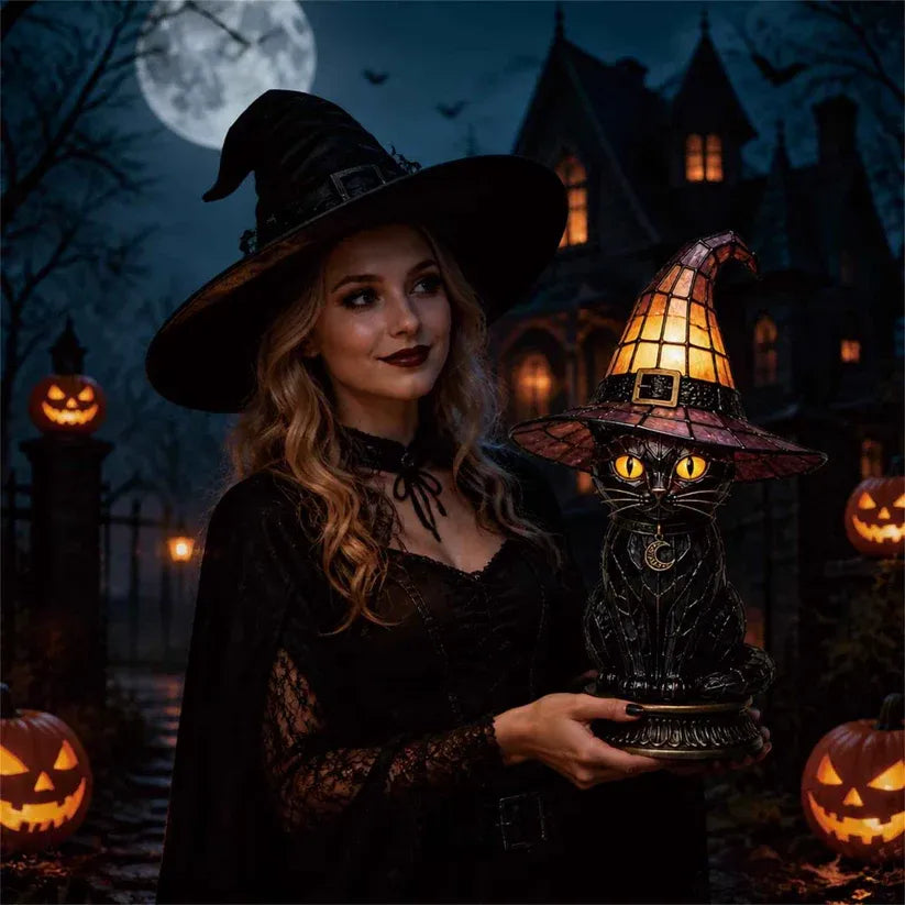🔥Exclusive Limited Item 👍🔥50%OFF🐈 Gothic Stained Glass Witch Black Cat Table Lamp | Halloween Witch Hat Night Light Decor