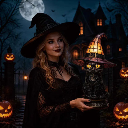 🔥Exclusive Limited Item 👍🔥50%OFF🐈 Gothic Stained Glass Witch Black Cat Table Lamp | Halloween Witch Hat Night Light Decor