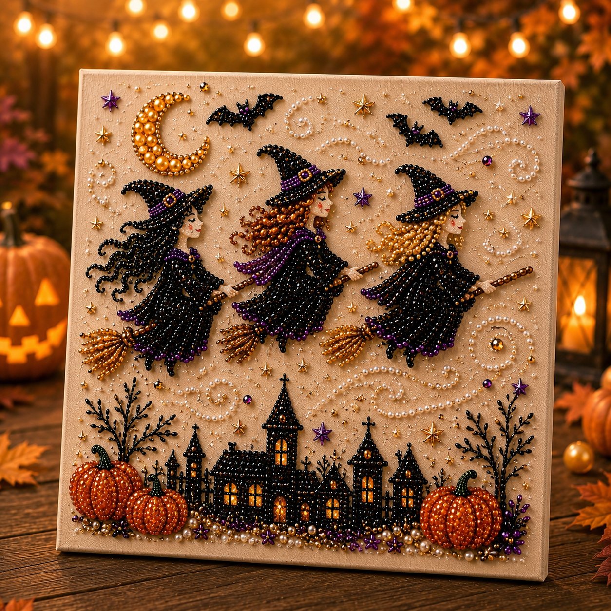 Premium 3D Pearl Halloween Wall Art Kit | Luxury Flocked Canvas with Scratch-Resistant Non-Fading Pearl Beads DIY Spooky Decor – Buy 2 Free Shipping