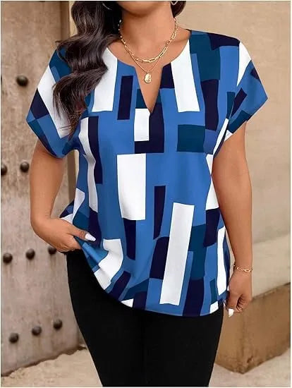 💥LAST DAY 49% OFF💥Women's Plus Size Color Block Shirt Blouse Short