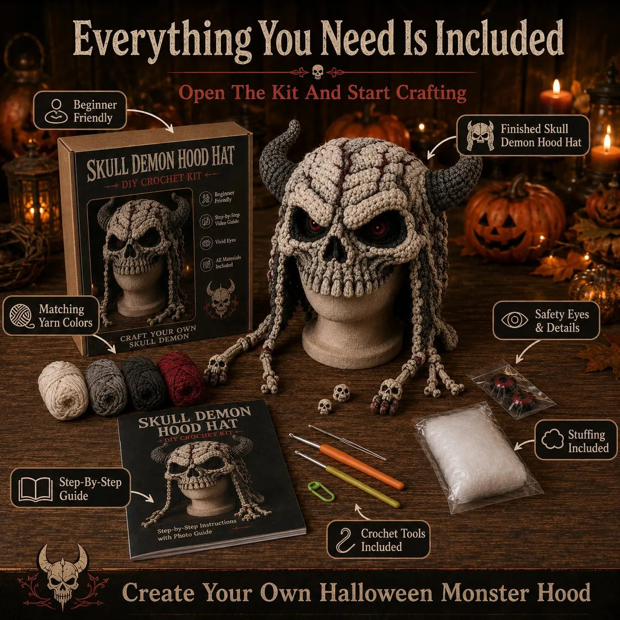 🔥 LAST DAY 49% OFF – 🎃 Halloween Monster Hood DIY Crochet Kit | Premium Soft Yarn Materials with Step-by-Step Guide DIY Handmade Wearable Character Hood 🧶🎭✨