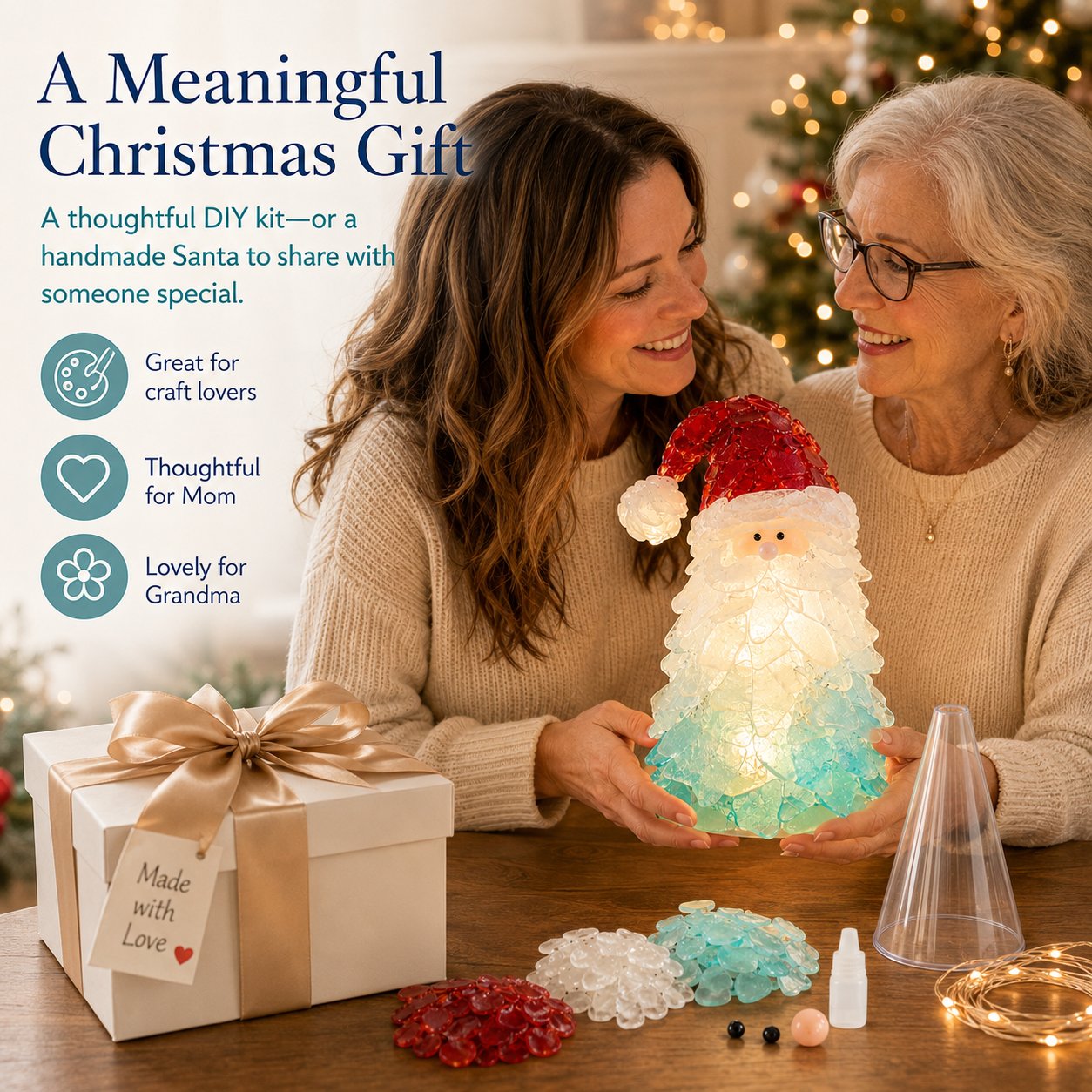 🎅DIY Lighted Sea Glass Santa Christmas Decor Kit | Complete Kit with Sea Glass Pieces, Warm Fairy Lights & Step-by-Step Guide Included 💕