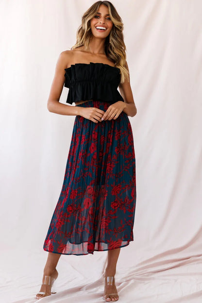 Caroline Accordion Pleat Midi Skirt Forest Green/Red