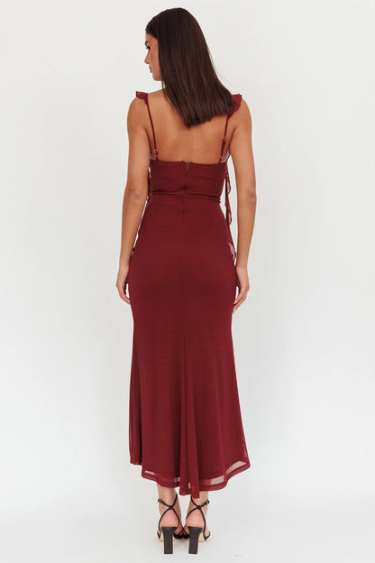 Blushing Ruffle Trim Maxi Dress Wine