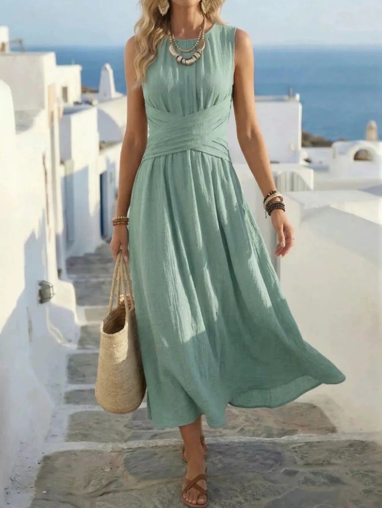 Sleeveless Long Dress, European and American Style, Waist-Cinched Dress, Full-Skirted Long Dress, Vacation and Casual Wear