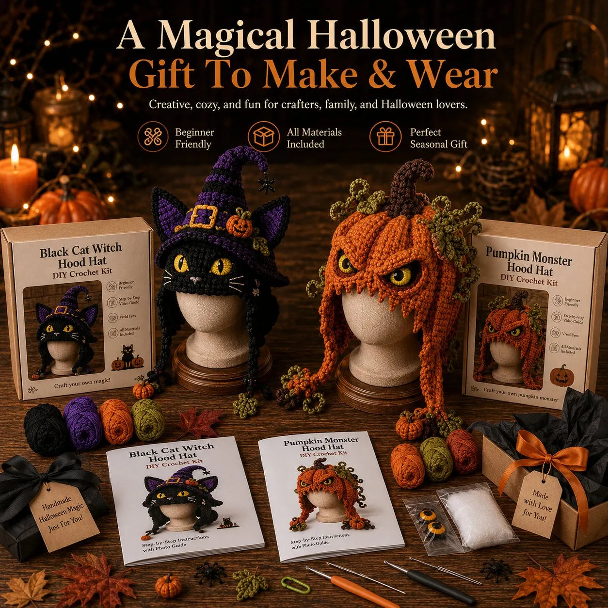 🔥 LAST DAY 49% OFF – 🎃 Halloween Monster Hood DIY Crochet Kit | Premium Soft Yarn Materials with Step-by-Step Guide DIY Handmade Wearable Character Hood 🧶🎭✨