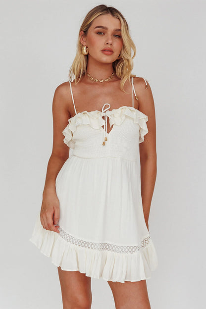 Daydream Shirred Bust Frill Trim Mini Dress White