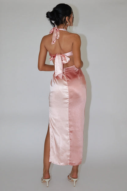 Harlequin Halterneck Satin Maxi Dress Blush
