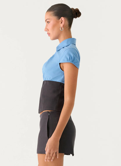 Harlee Poplin Suiting Top - Charcoal