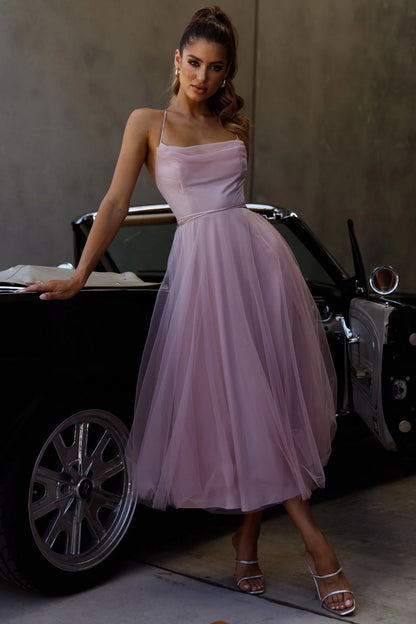Floating By Pleated Neckline Mesh Midi Dress Blush
