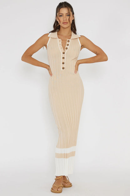 Cayla Button-Up Ribbed Knit Dress Sand