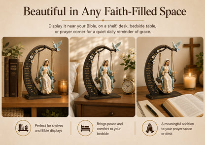 ✝️ Blessed Mary Cradle Swing Ornament – Luke 1:46–47 Faith Table Decor | Holy Virgin Prayer Sculpture with Dove & Crescent Arch Home Decoration