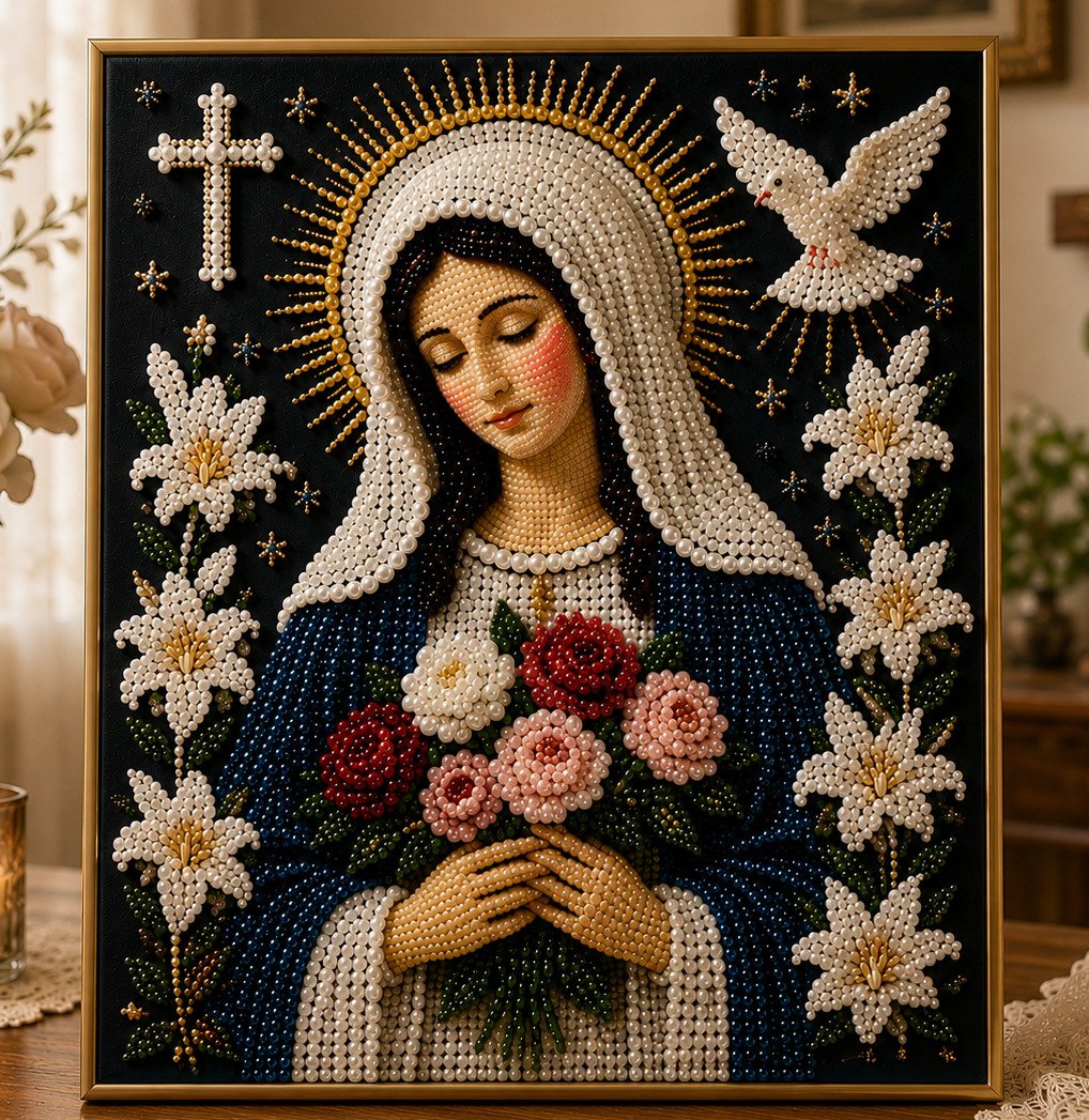 New Arrivals 49% OFF-2026  Divine Pearl Bead Virgin Mary Icon – A Peaceful DIY Faith Art Gift