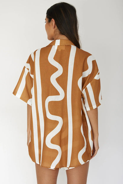 Cora Button-Up Shirt Print Tan
