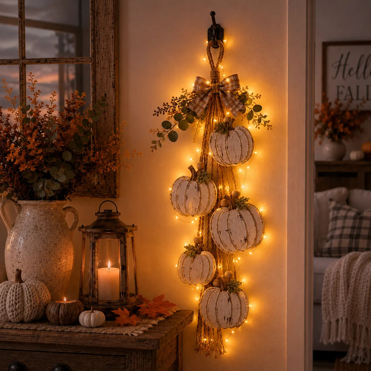 Rustic White Pumpkin Hanging Swag – 5-Pumpkin Fall Wall & Door Decor