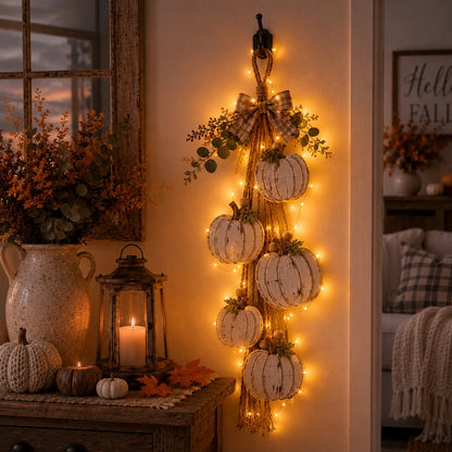 Rustic White Pumpkin Hanging Swag – 5-Pumpkin Fall Wall & Door Decor