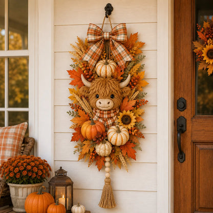 🐮🏡 Highland Cow Harvest Door Decoration with Warm Lights
