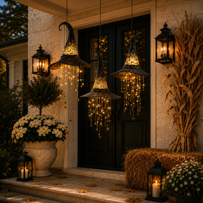 🧙‍♀️✨ Lighted Witch Hat Hanging Decor with Cascading Stars