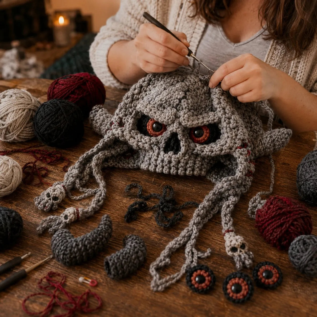 🔥 LAST DAY 49% OFF – 🎃 Halloween Monster Hood DIY Crochet Kit | Premium Soft Yarn Materials with Step-by-Step Guide DIY Handmade Wearable Character Hood 🧶🎭✨