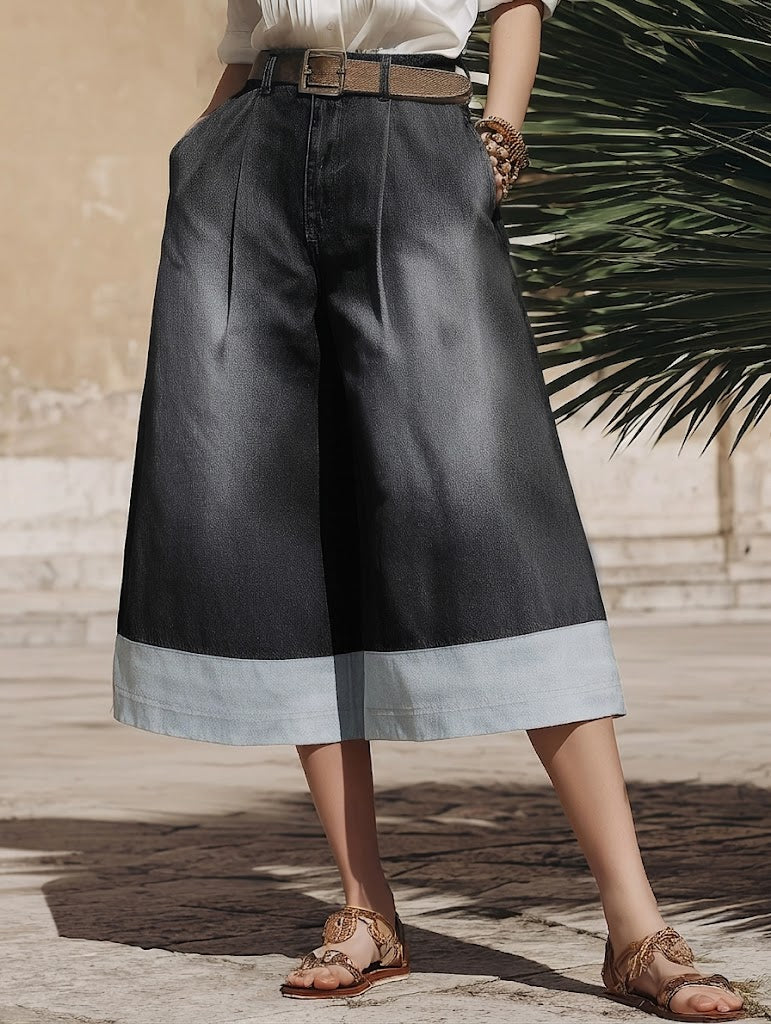 Casual Paneled Wide-leg 3/4-length Jeans