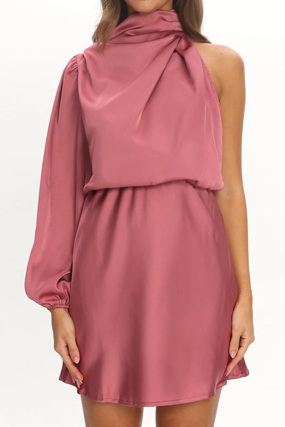 Can't Compete One Sleeve Satin Mini Dress Dusty Pink