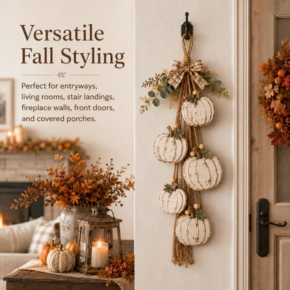 Rustic White Pumpkin Hanging Swag – 5-Pumpkin Fall Wall & Door Decor