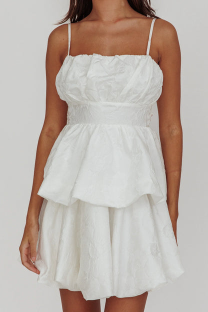 Zilara Bubble Hem Bow Mini Dress Jacquard White