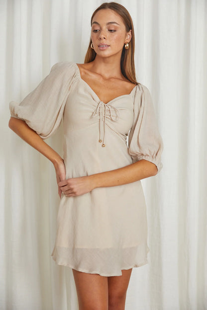 Avaline Drawstring Bust Mini Dress Beige