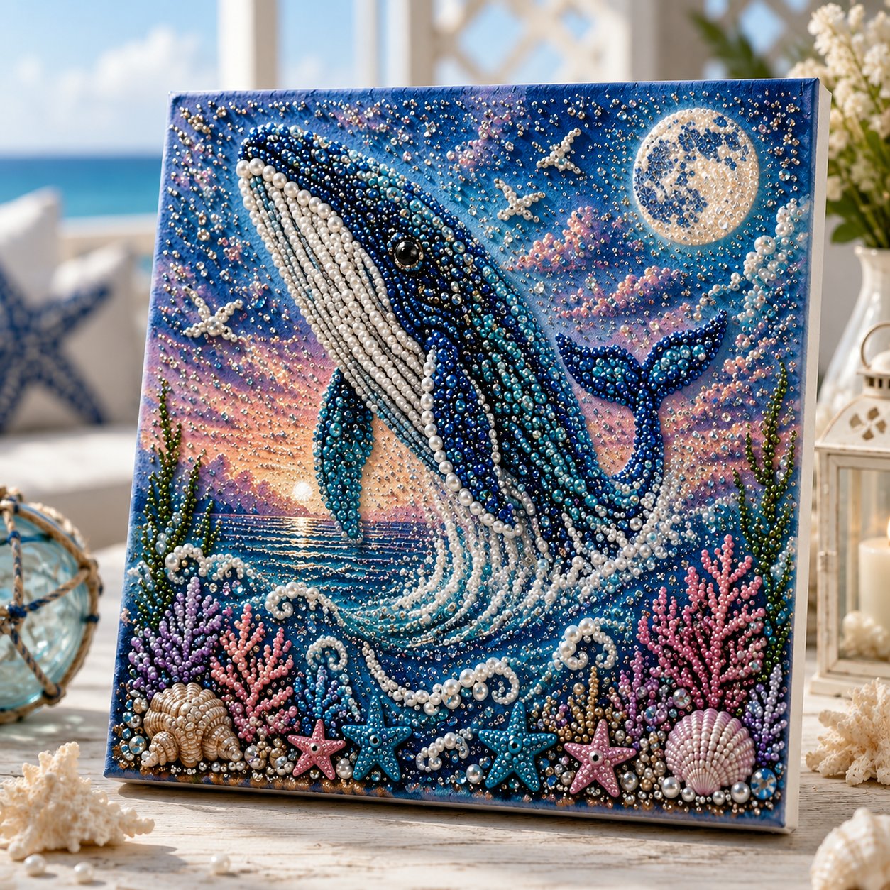 Premium 3D Pearl Ocean Wall Art Kit | Luxury Flocked Canvas with Scratch-Resistant Non-Fading Pearl Beads DIY Coastal Decor – Buy 2 Free Shipping