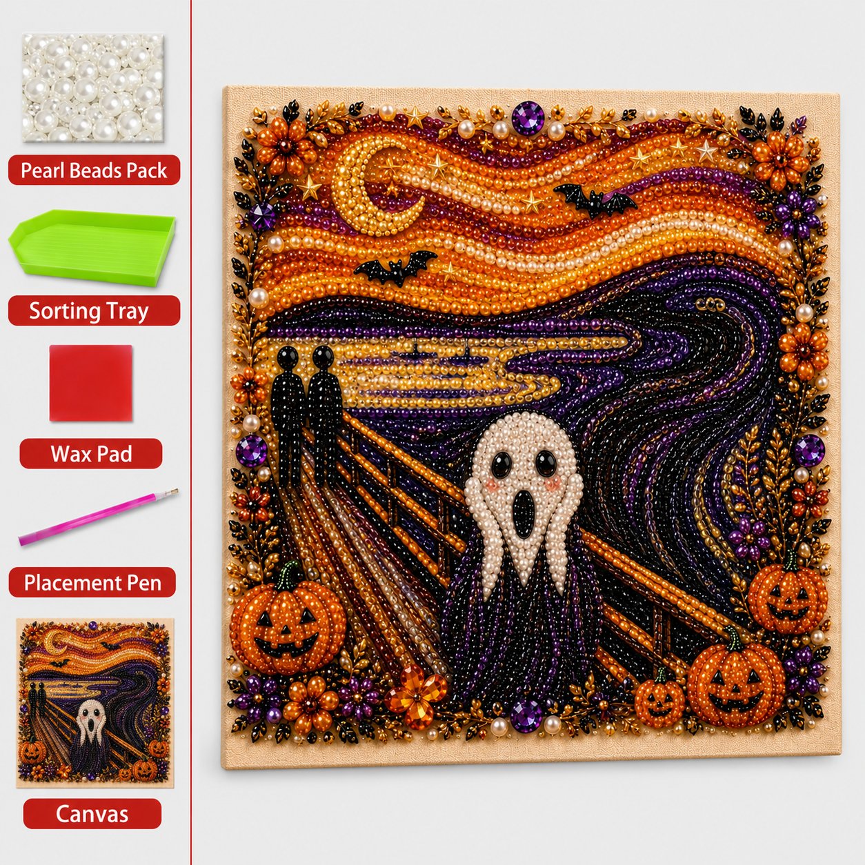 Premium 3D Pearl Halloween Wall Art Kit | Luxury Flocked Canvas with Scratch-Resistant Non-Fading Pearl Beads DIY Spooky Decor – Buy 2 Free Shipping