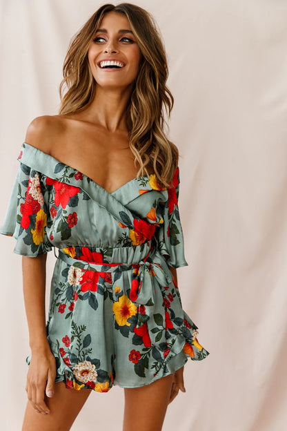 Ambrosia Off-Shoulder Floral Romper Sage
