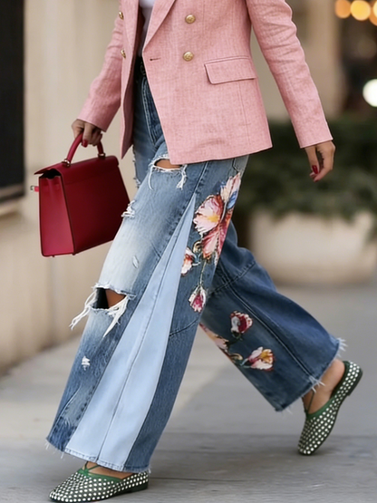 Stylish & Elegant Floral-print Loose-fit Ripped Jeans